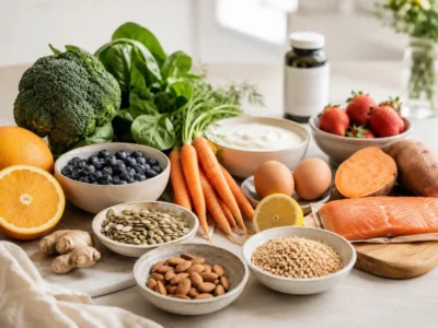 Healthy foods providing different essential vitamins for adults.